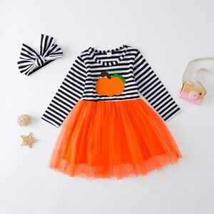 Girls Embroidered Orange Pumpkin Dress Striped Long Sleeve Halloween Tutu Outfit